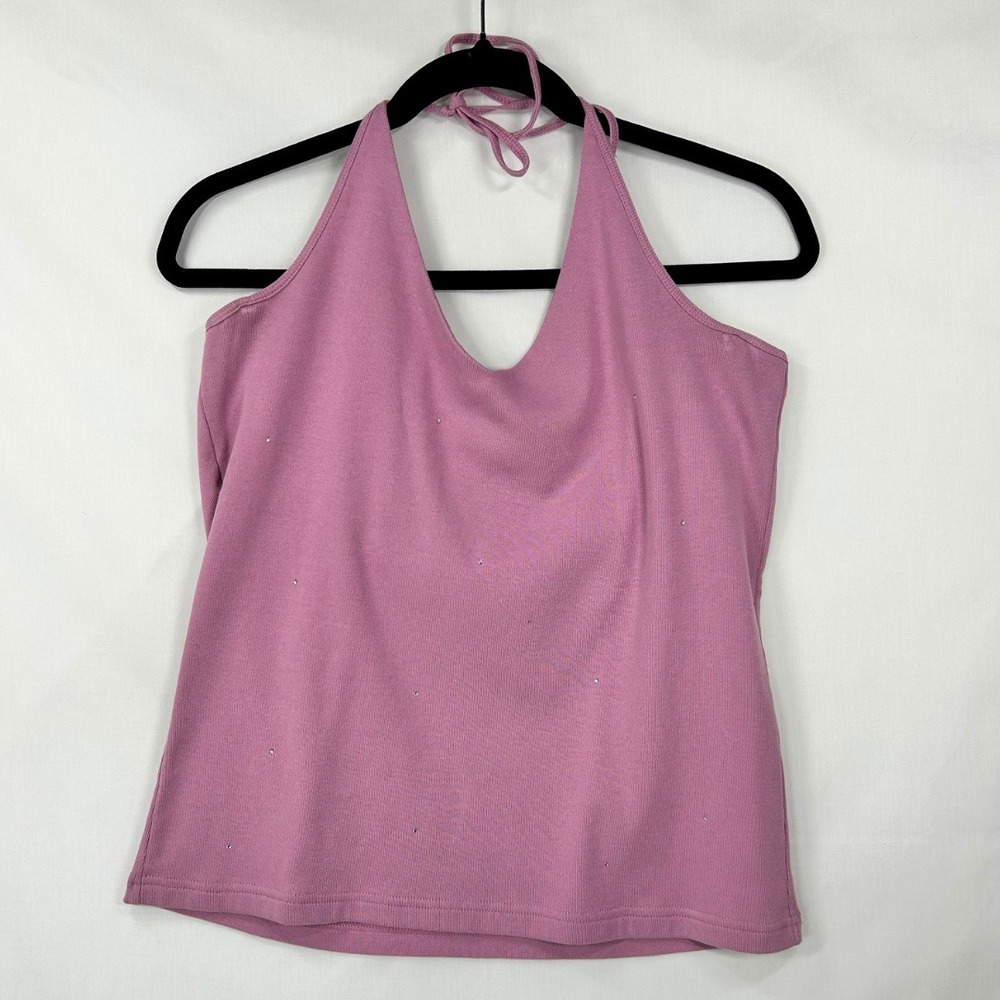 Vintage GAP Pink Rhinestone Halter Top – Y2K Gem Accent Cotton Halter Tank (XL)